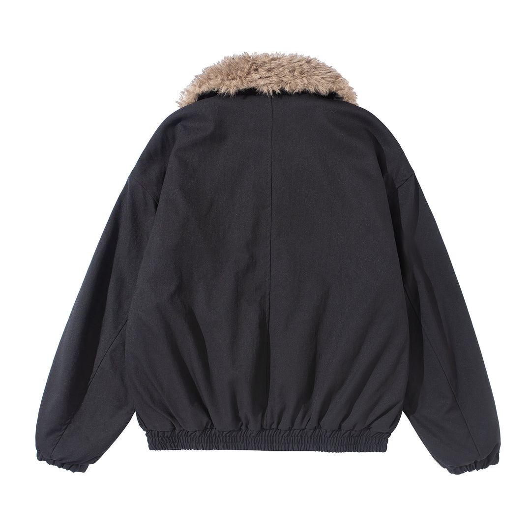 Damen Kurzblouson mit voluminösem Faux‑Fur‑Kragen, Känguru‑Taschen und elastischem Saum Drune