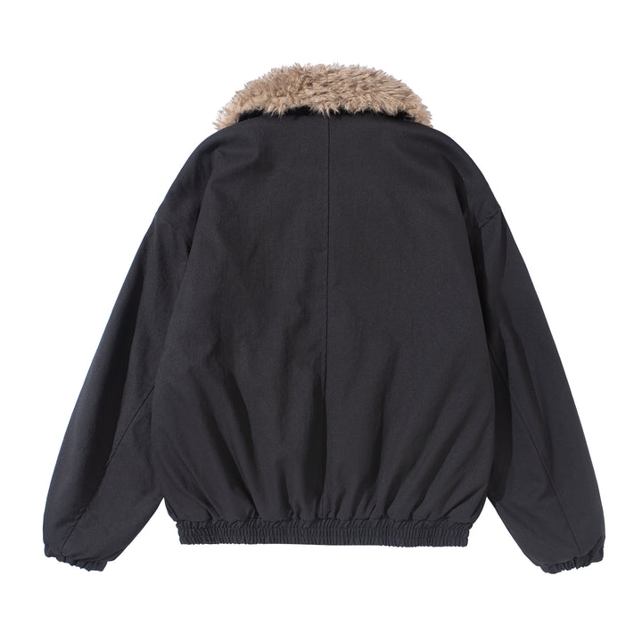 Damen Kurzblouson mit voluminösem Faux‑Fur‑Kragen, Känguru‑Taschen und elastischem Saum Drune