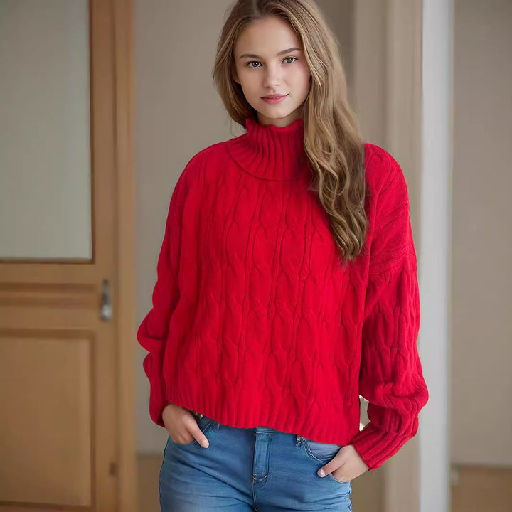 Damen Strickpullover mit hohem Kragen und strukturierter Zopfoptik Drune