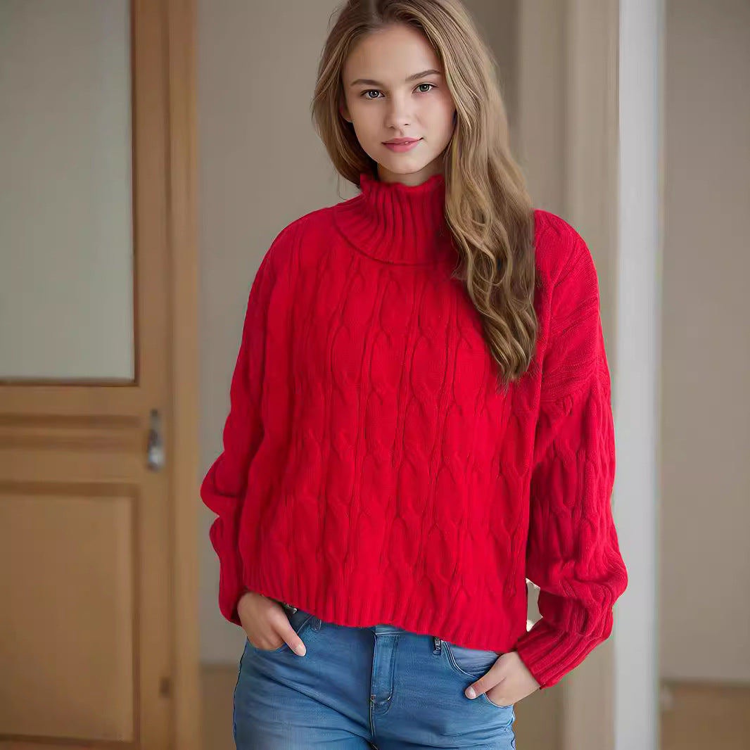 Damen Grobstrickpullover mit hohem Kragen und innovativem Zopfmuster Drune