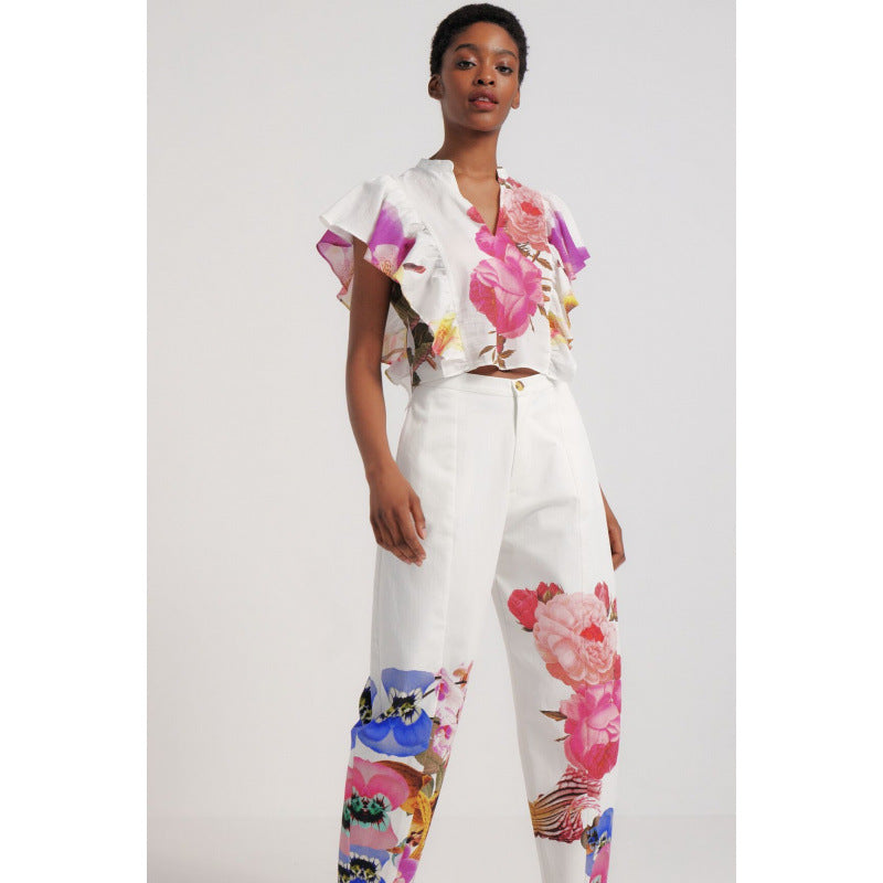 Damen Blusen- und Hosen-Set mit floralem Design und zarten Rüschendetails Drune