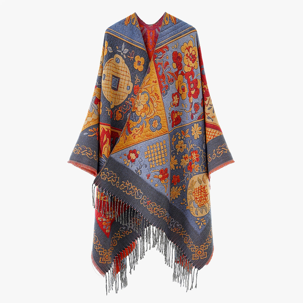 Damen Jacquard-Poncho mit Boho-Patchwork-Muster und Fransensaum Drune