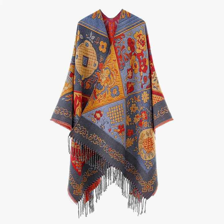 Damen Jacquard-Poncho mit Boho-Patchwork-Muster und Fransensaum Drune
