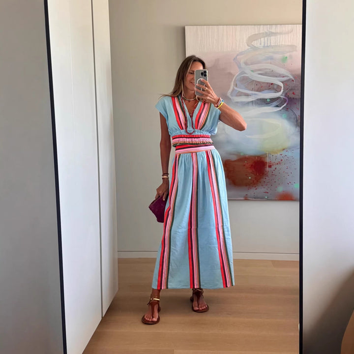 Damen Strandmaxi-Kleid mit elastischem Taillenbund und buntem Streifenmuster Drune