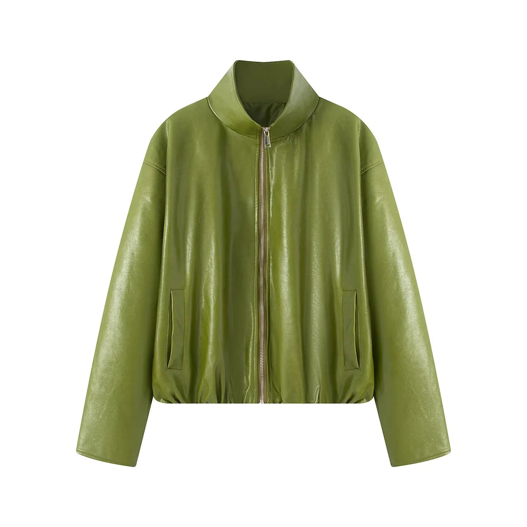 Damen nan tailliertes Kunstleder-Zweiteiler-Set Jacke mit hohem Stehkragen und Bleistiftrock Drune