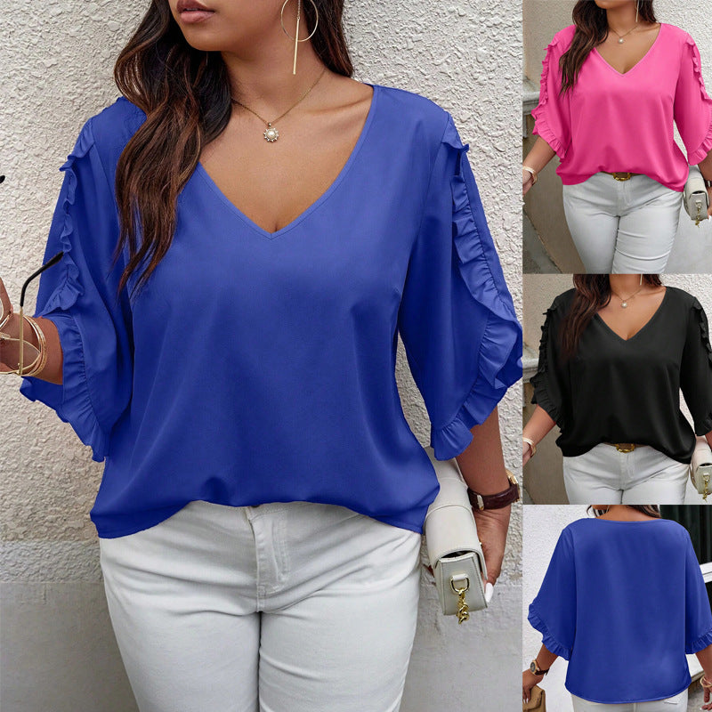Damen V‑Ausschnitt Bluse mit Volantärmeln und lockerem Satinfall Drune