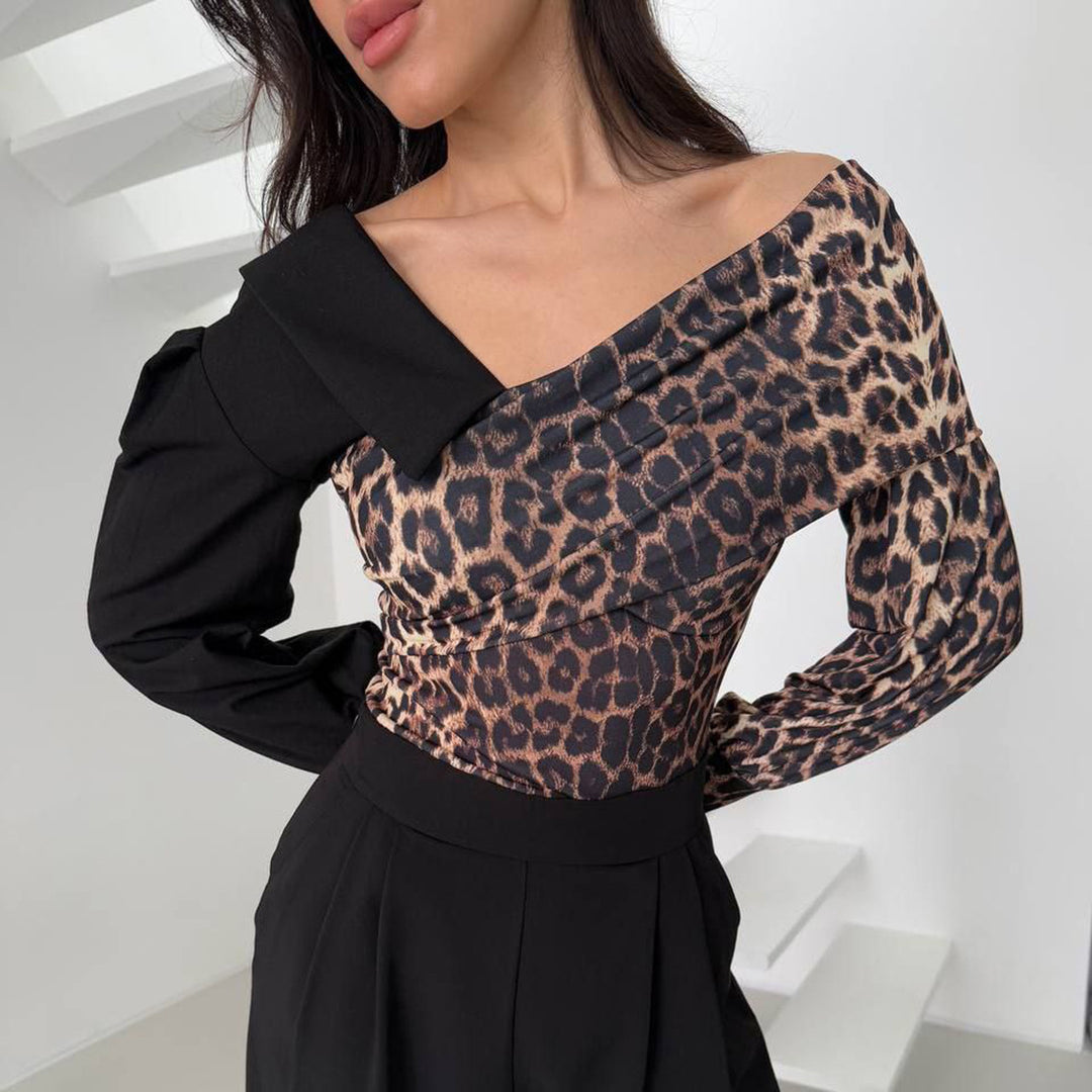 Damen Elegantes halb-schulterfreies Oberteil mit tierischem Motiv Drune