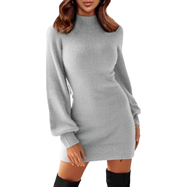Damen Tailliertes Teddy-Strick-Minikleid mit Stehkragen und Ballonärmeln Drune