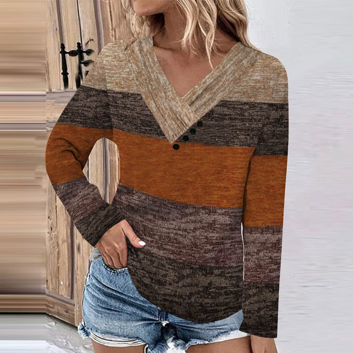 Damen Gerippter V-Ausschnitt Pullover mit Farbverlauf, Zierknöpfen und legerer Passform Drune