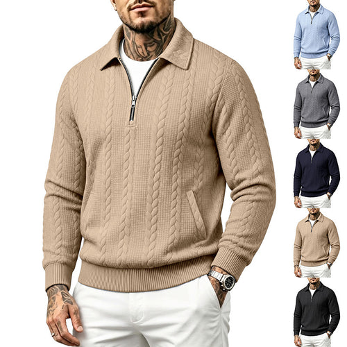 Herren Polokragen-Strickpullover mit Zopfstruktur und Halbzip Drune