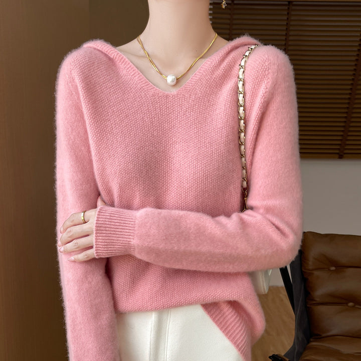 Damen Weicher Mohair‑Optik Kapuzenpullover mit V‑Ausschnitt und geripptem Saum Drune