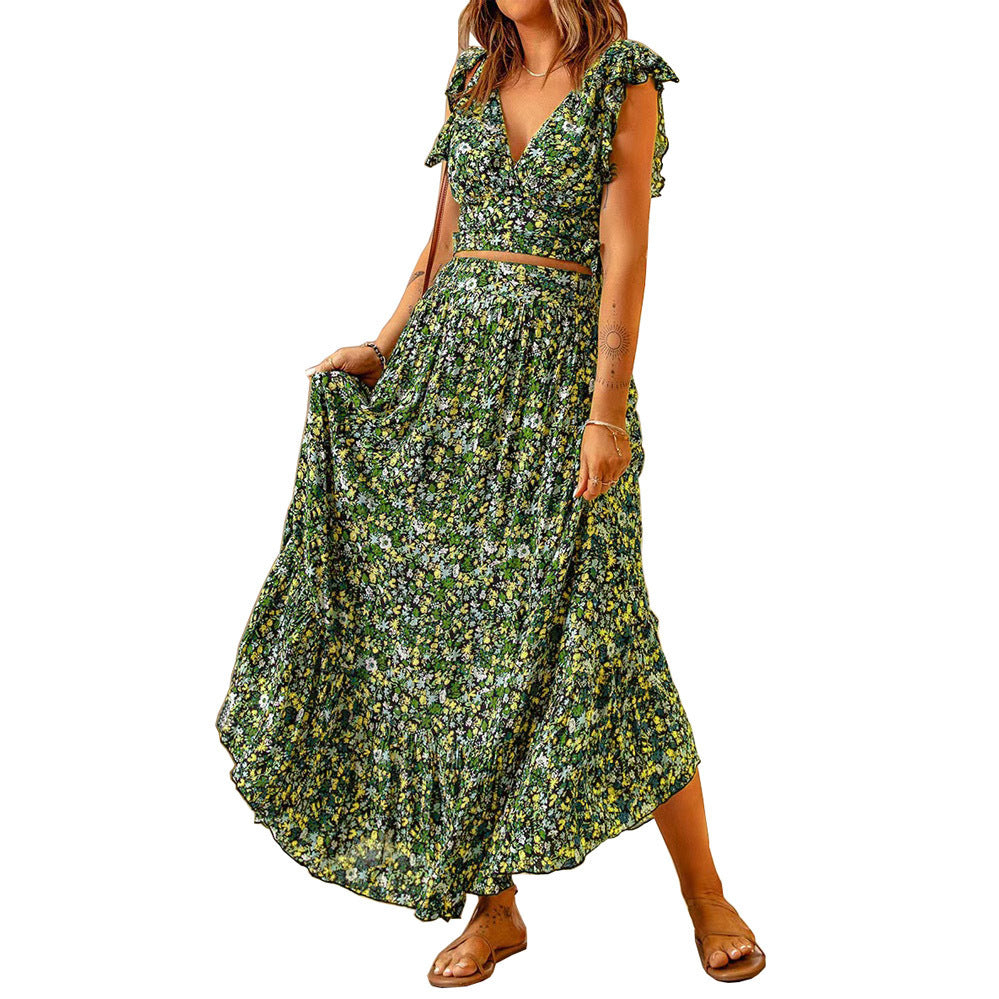 Damen Blütenmuster Maxikleid mit voluminösem Rock und schmalem Gürtel Drune