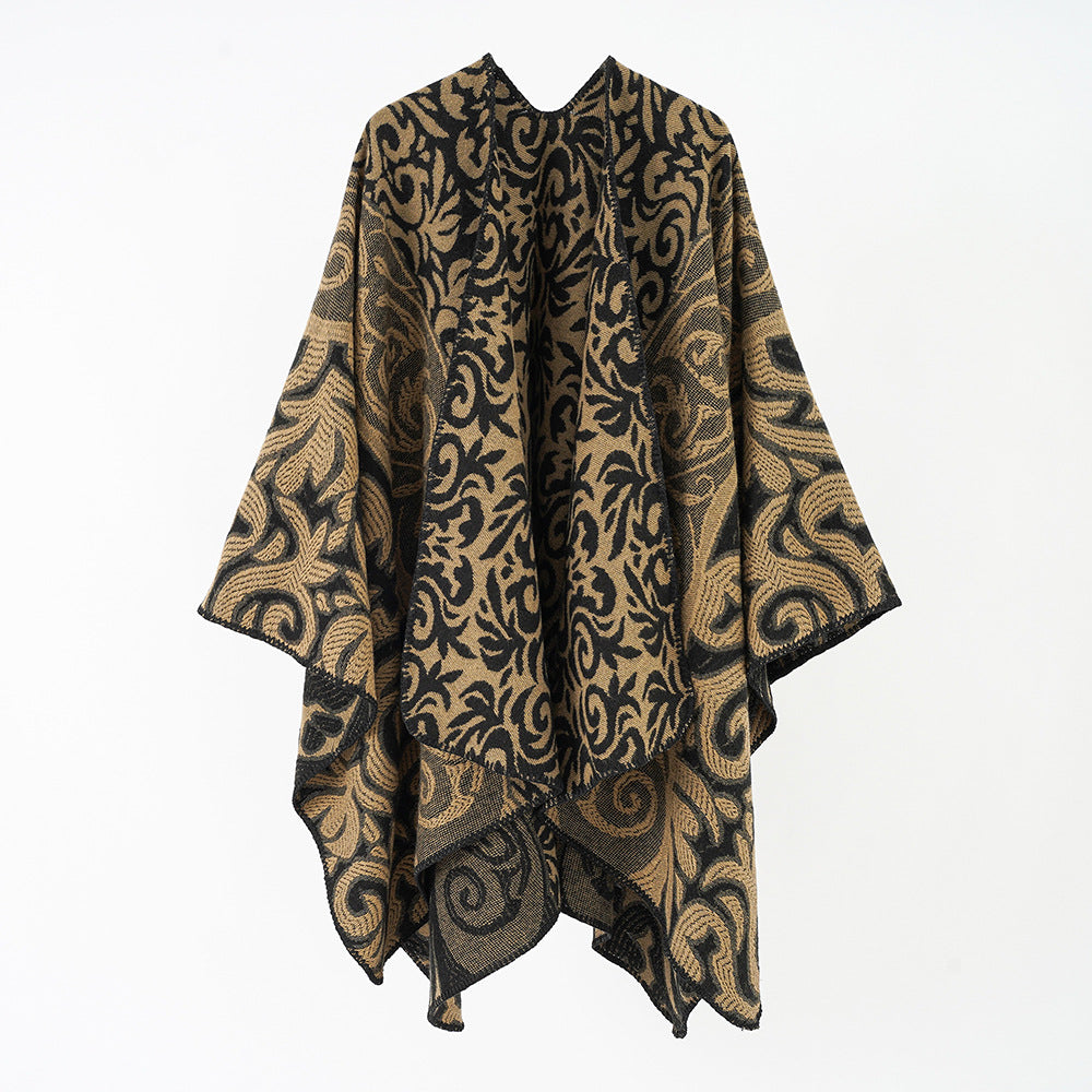 Damen Ornamentaler Jacquard-Capeponcho mit offenem Fall und kastiger Silhouette Drune