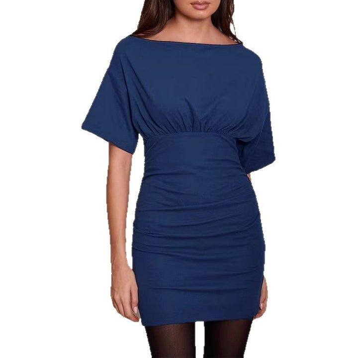 Damen Figurnahes Mini-Kleid mit U‑Boot‑Ausschnitt, Taillenraffung und Fledermausärmeln Drune