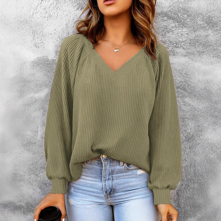 Damen Feinstruktur-Strickpullover mit V-Ausschnitt, Ballonärmeln und Rippbündchen Drune