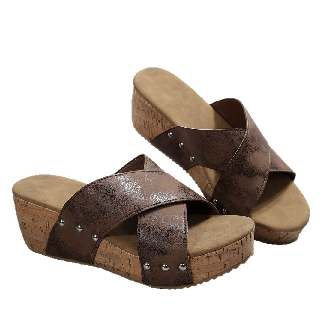 Damen nan Keilsandalette mit Fersenriemen, ergonomischem Fußbett, Korkoptik-Plateau und gepolstertem Zehenbereich Drune