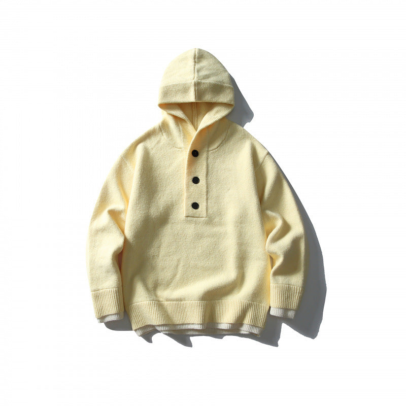Unisex Strick‑Kapuzenpullover mit halber Knopfleiste, geripptem Saum und zweilagigem Abschluss Drune