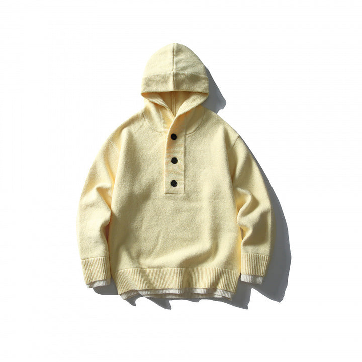 Unisex Strick‑Kapuzenpullover mit halber Knopfleiste, geripptem Saum und zweilagigem Abschluss Drune