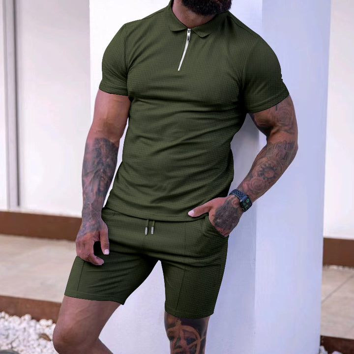 Herren modisches Polo- und Shorts-Set mit strukturiertem Gewebe und funktionalem Reißverschluss Drune