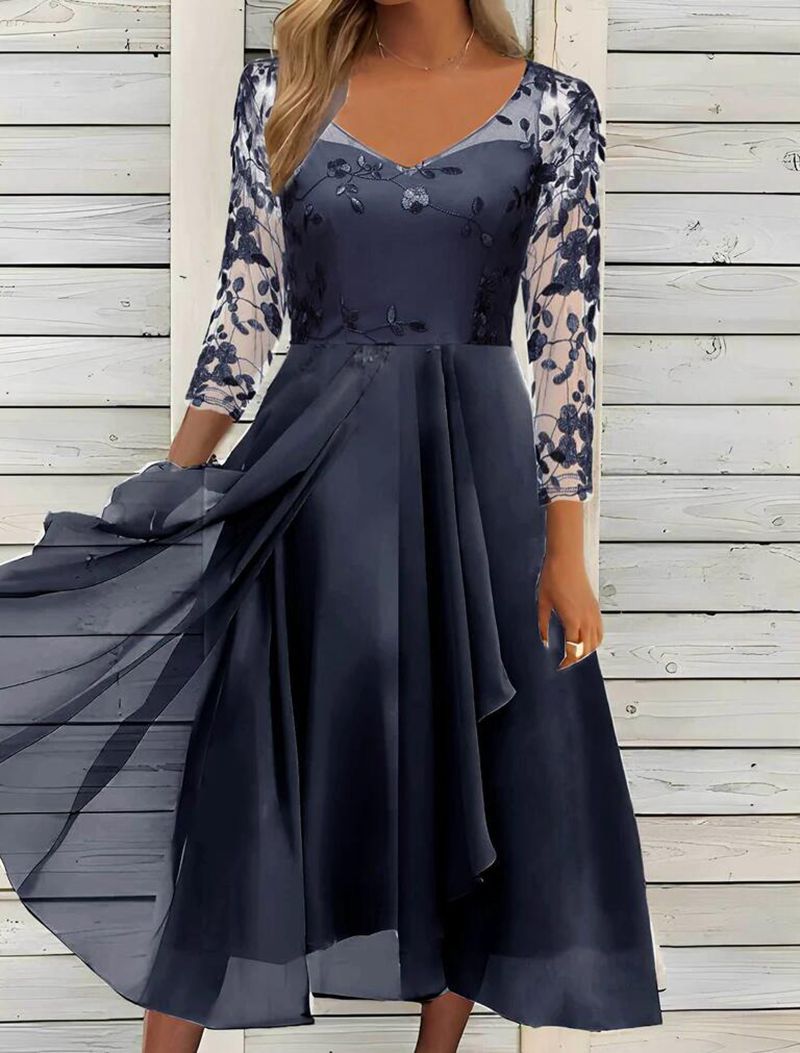 Damen nan elegantes Midikleid mit besticktem Tülloberteil, transparenten Dreiviertelärmeln und mehrlagigem Drapé-Rock Drune