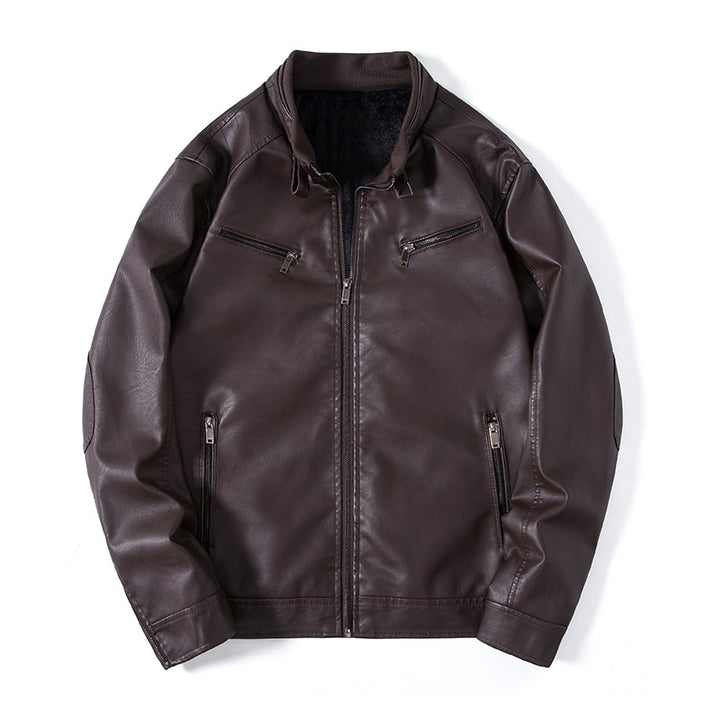 Herren Elegante Kunstleder‑Blousonjacke mit Stehkragen, Reißverschlusstaschen und wärmendem Innenfutter Drune