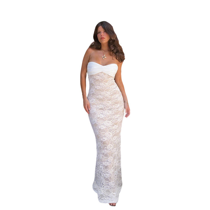 Damen Corsage Maxikleid mit raffiniertem Spitzenmuster und trägerlosem Design Drune