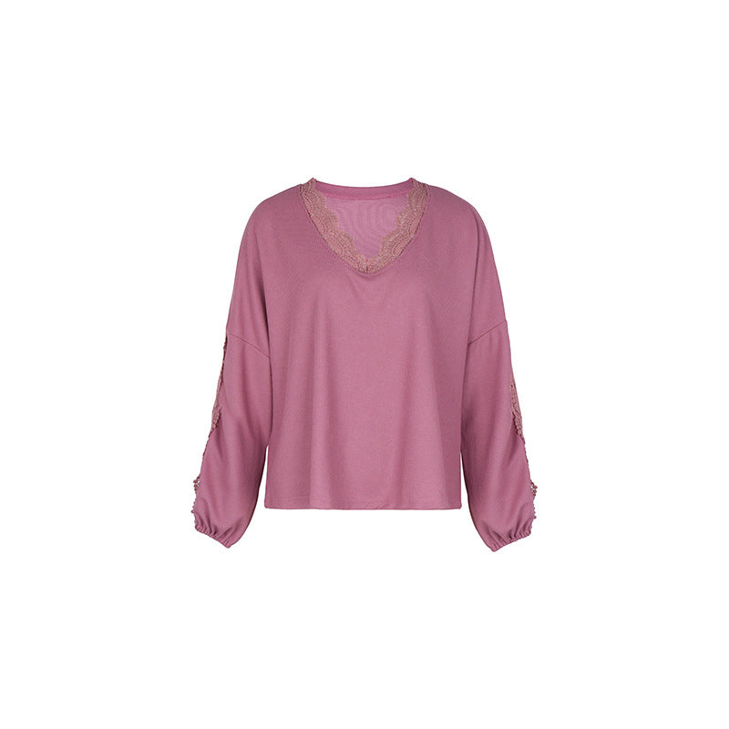 Damen Lockeres Shirt mit V‑Ausschnitt, Spitzenbesatz und Ballonärmeln Drune