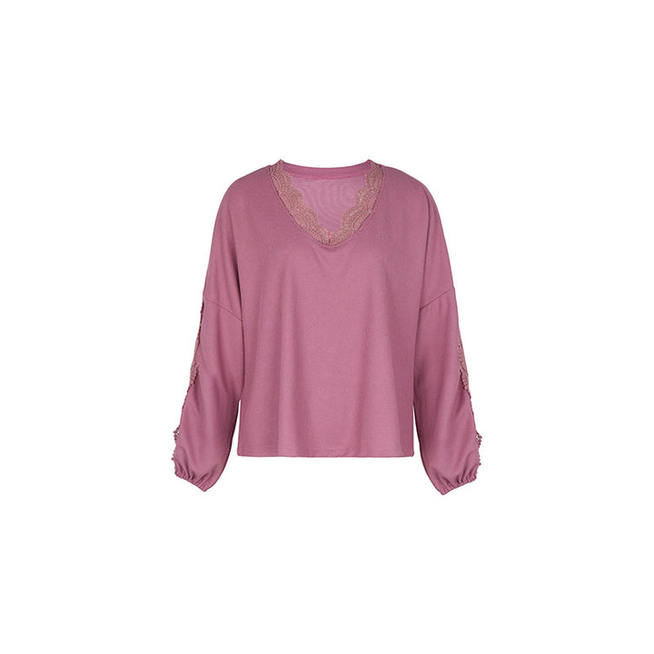 Damen Lockeres Shirt mit V‑Ausschnitt, Spitzenbesatz und Ballonärmeln Drune
