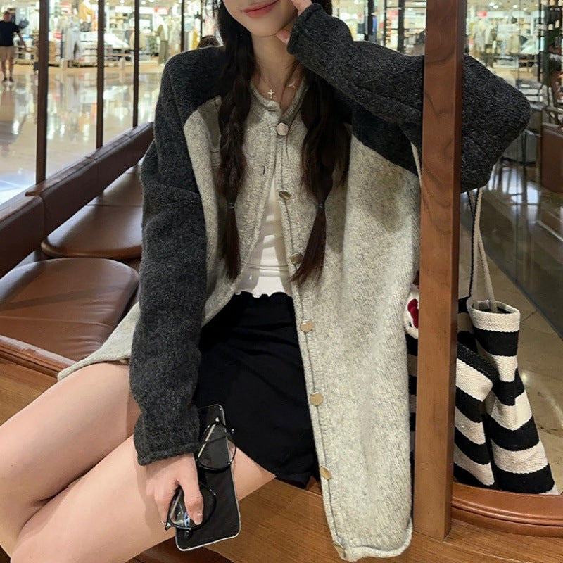 Damen kuschelige Wolljacke mit kontrastierenden Ärmeln und Knopfverschluss Drune
