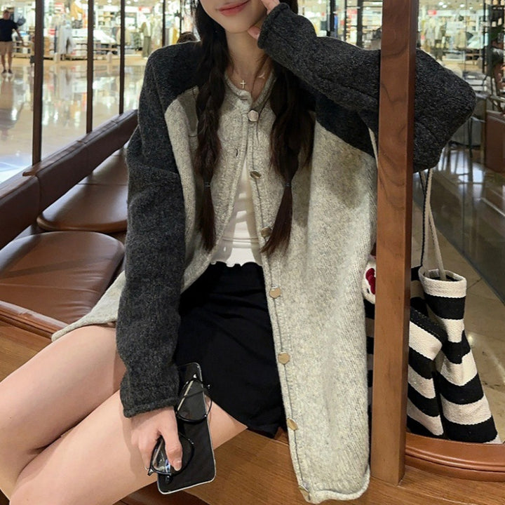 Damen kuschelige Wolljacke mit kontrastierenden Ärmeln und Knopfverschluss Drune
