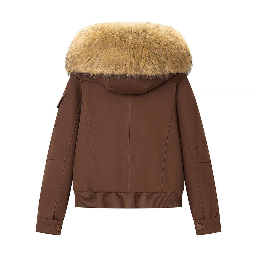 Damen nan kurze Bomberjacke mit Kunstfellkapuze und Teddyfutter Drune