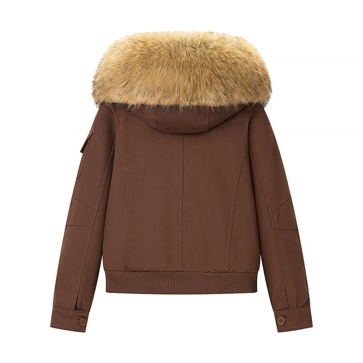 Damen nan kurze Bomberjacke mit Kunstfellkapuze und Teddyfutter Drune