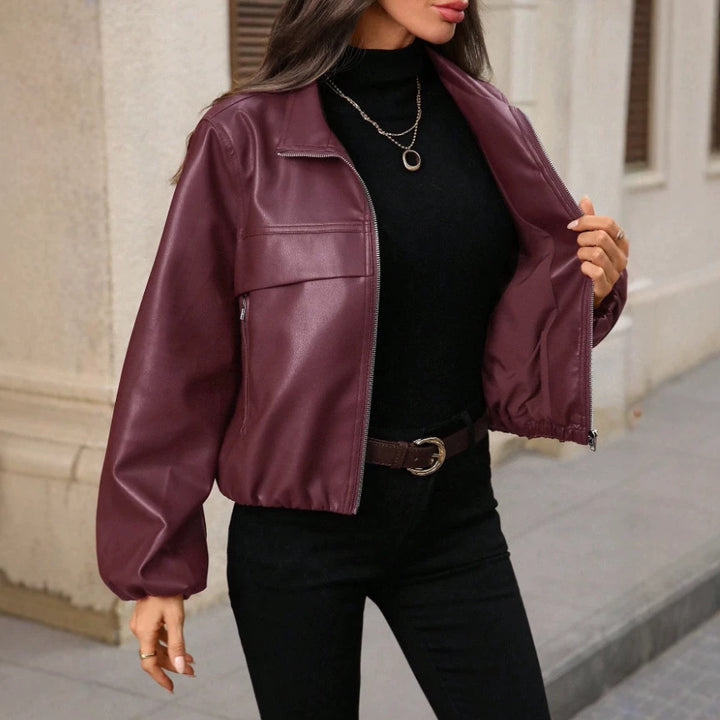 Damen Trendige cropped Kunstlederjacke
