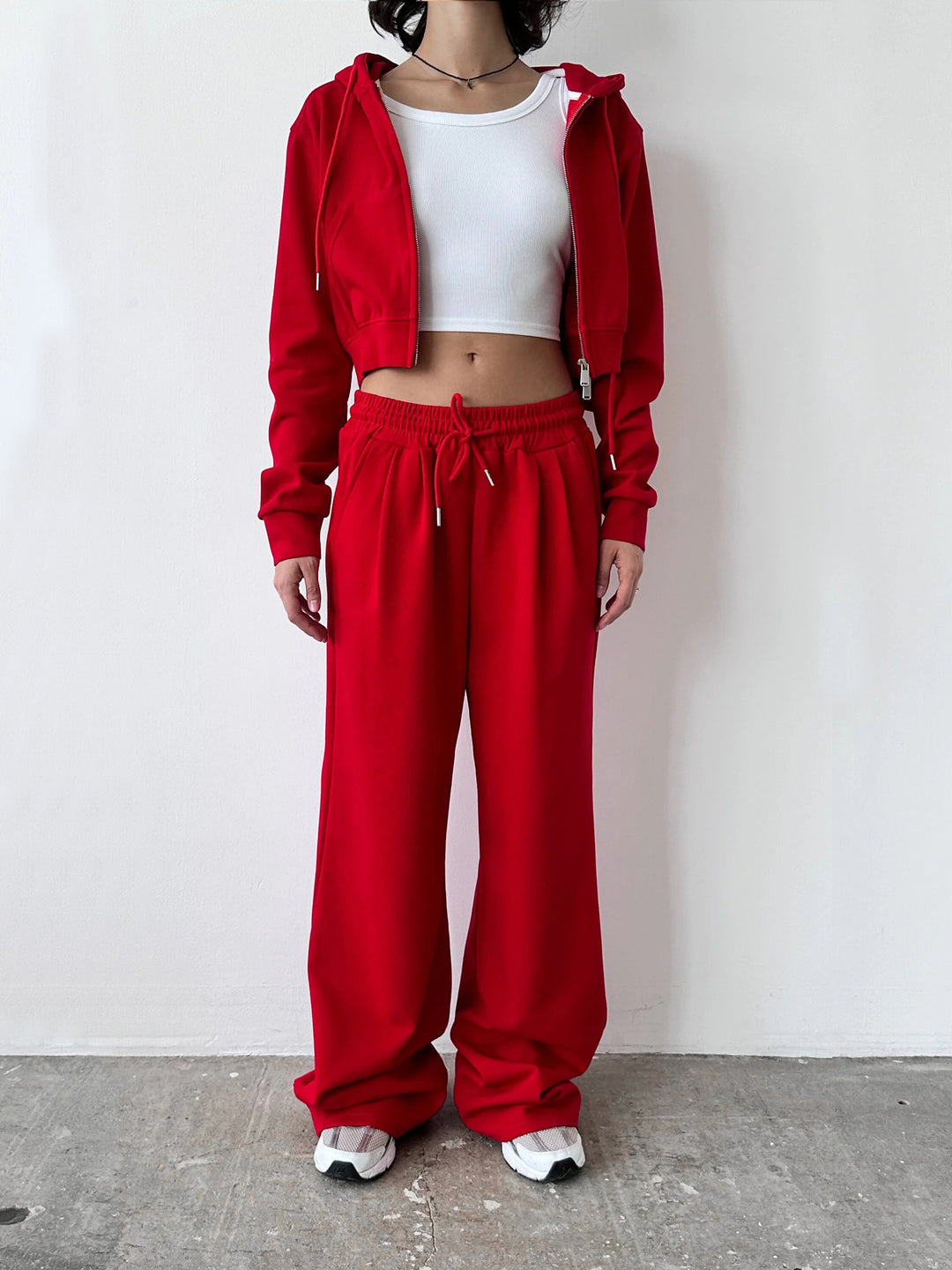 Damen Kurzes Zip-Kapuzen-Set mit taillenhoher weiter Loungehose Drune