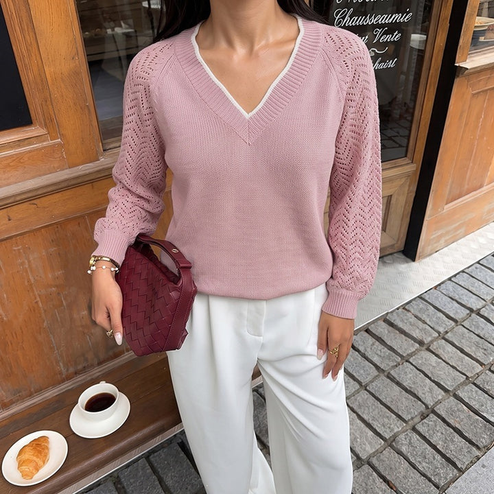 Damen V-Ausschnitt Strickpullover mit Jacquard-Muster Drune