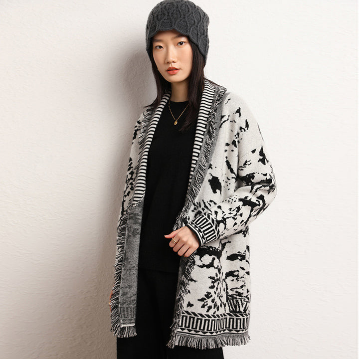 Damen Komfortable Strickjacke mit grafischem Muster und Fransendetails Drune