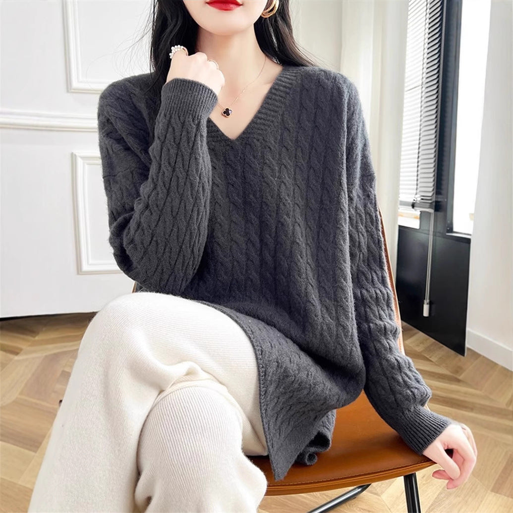 Damen Grobstrickpullover mit tiefem V-Ausschnitt und strukturierter Textur Drune