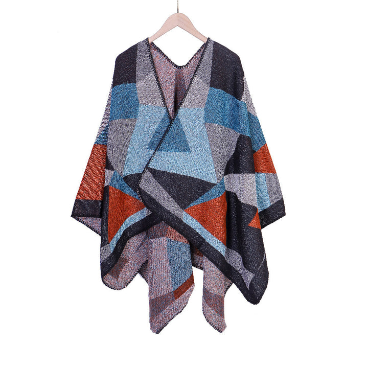 Damen Grobgestrickte Oversize-Ruana mit grafischem Blockmuster und asymmetrischem Zipfelrand Drune