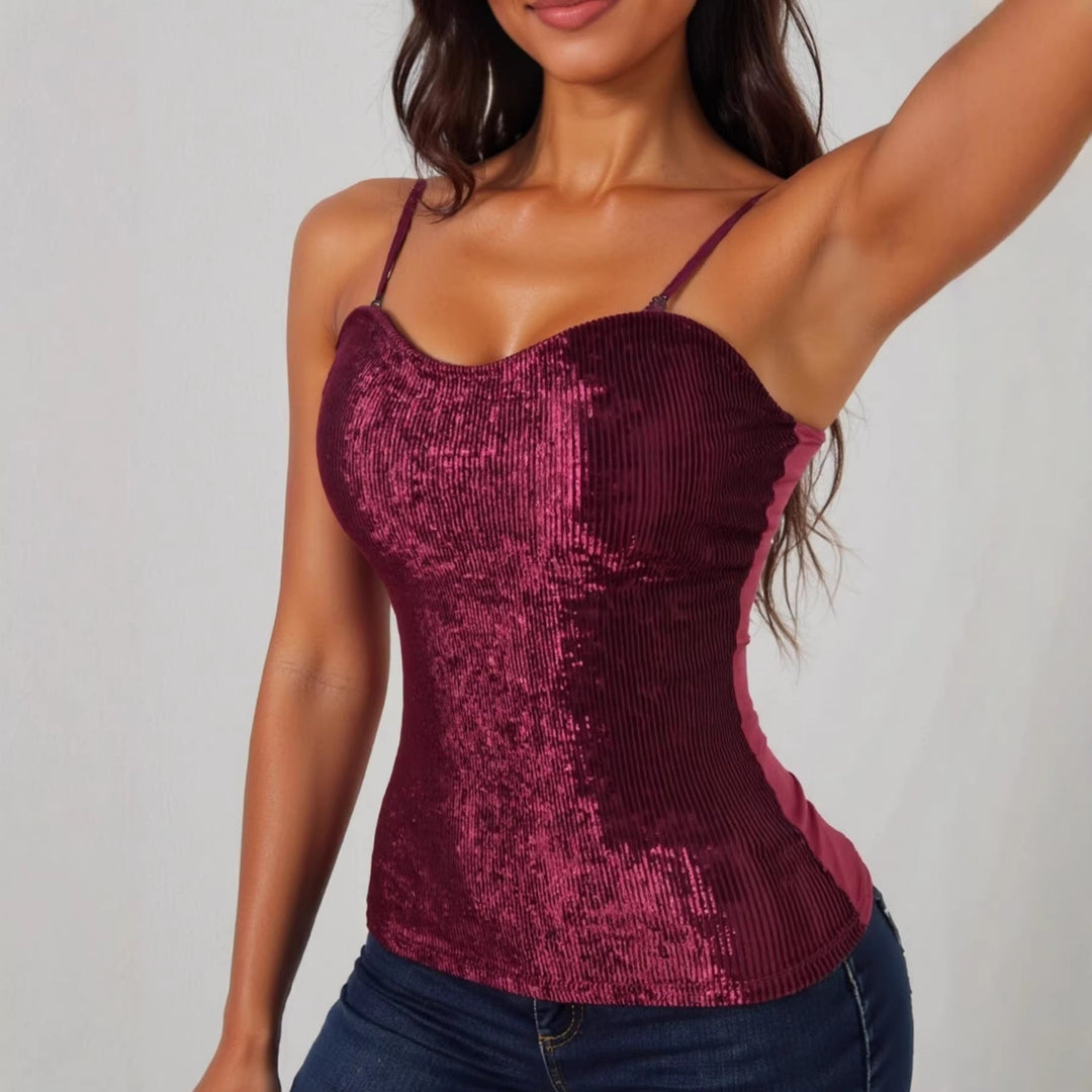 Damen elegantes Spaghettiträgershirt mit luxuriösem Paillettenbesatz und feinem Rippstrick Drune
