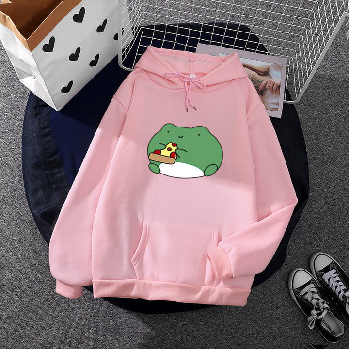Damen nan gemütlicher Kapuzenpullover mit kawaii Frosch‑Pizza‑Motiv und oversized Relax‑Fit Drune