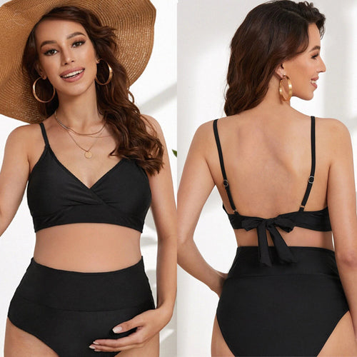 Damen Umstandsbikini-Set mit elegantem Wickeloberteil und hohen Taillenhosen Drune