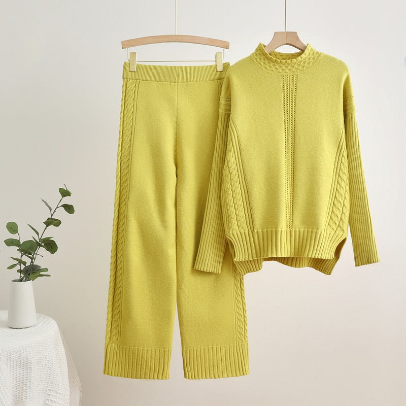 Damen komfortables Strick-Loungewear-Set mit hohen Bündchen und dekorativen Zopfmustern Drune