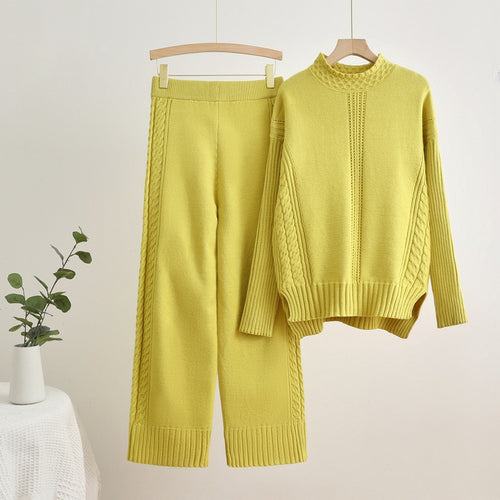 Damen komfortables Strick-Loungewear-Set mit hohen Bündchen und dekorativen Zopfmustern Drune