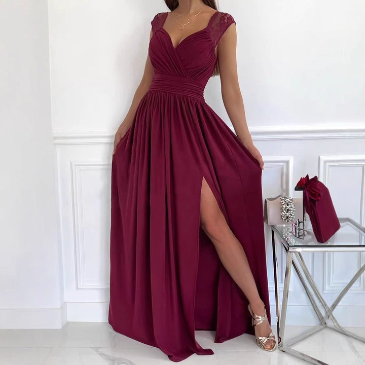 Damen elegantes Maxikleid mit Spitzenärmeln und seitlichem Schlitz Drune