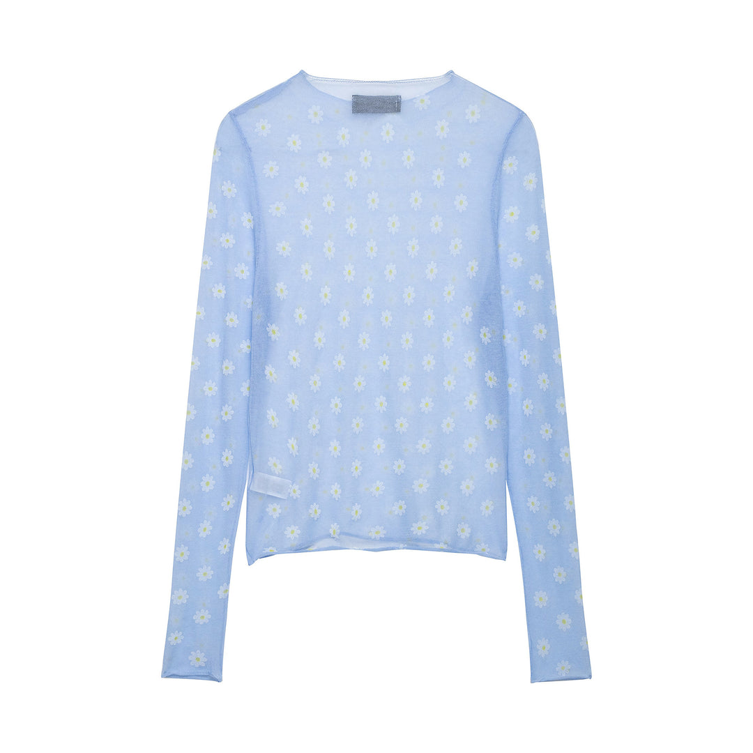 Damen Feines transparentes Mesh-Longsleeve mit Allover-Gänseblümchenprint und Rundhalsausschnitt Drune