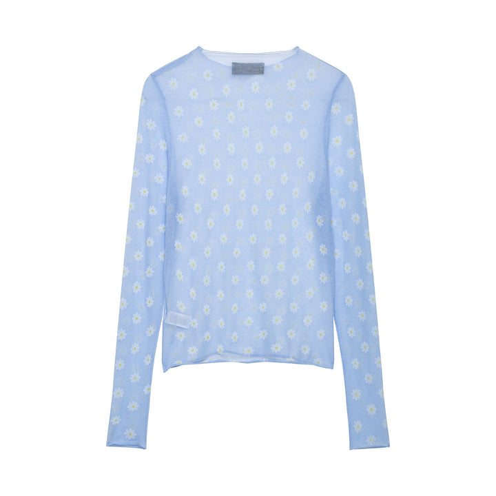 Damen Feines transparentes Mesh-Longsleeve mit Allover-Gänseblümchenprint und Rundhalsausschnitt Drune