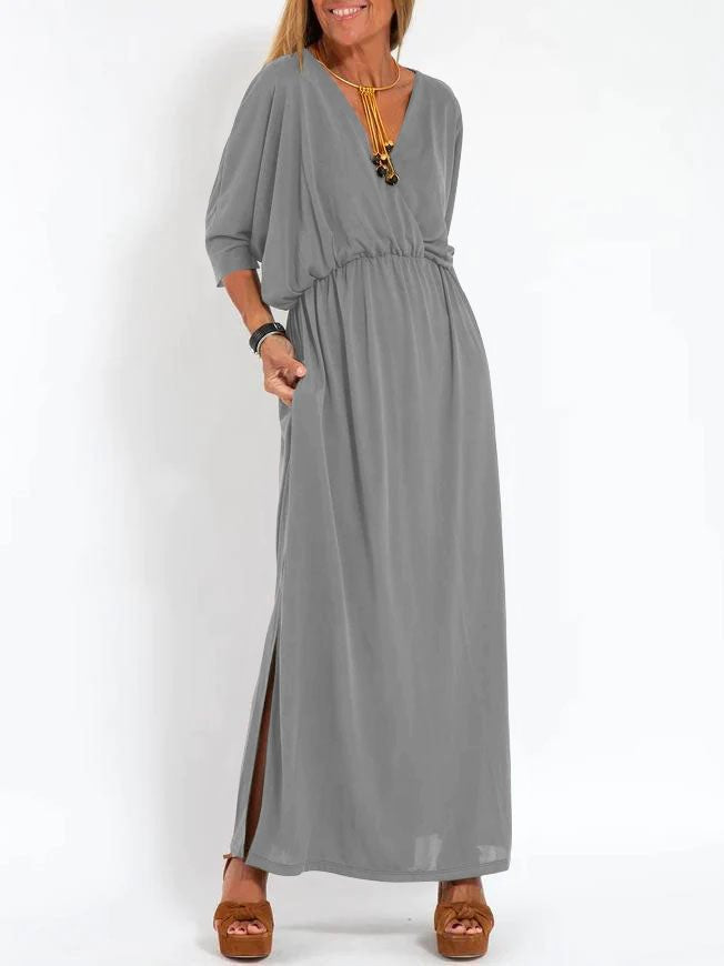 Damen Lässiges Maxikleid mit tiefem V-Ausschnitt und seitlichen Schlitzen Drune