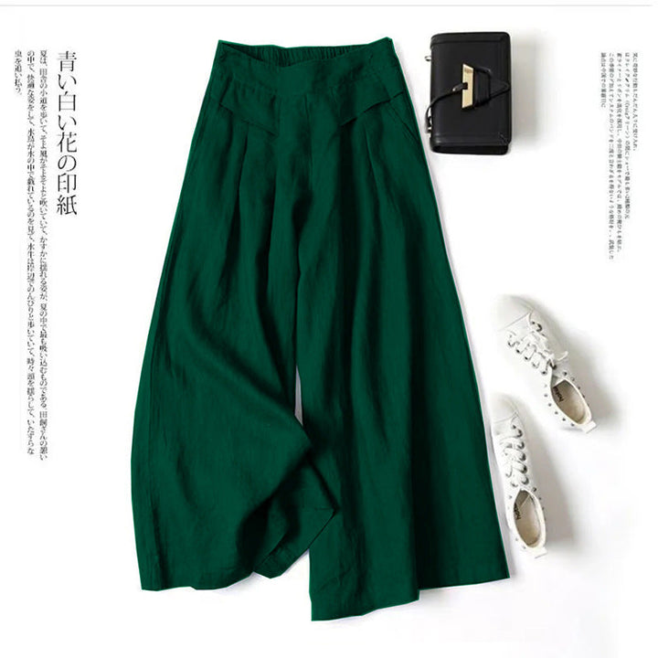Damen Weit geschnittene Leinenhose mit hohem Bund und eleganten Falten Drune