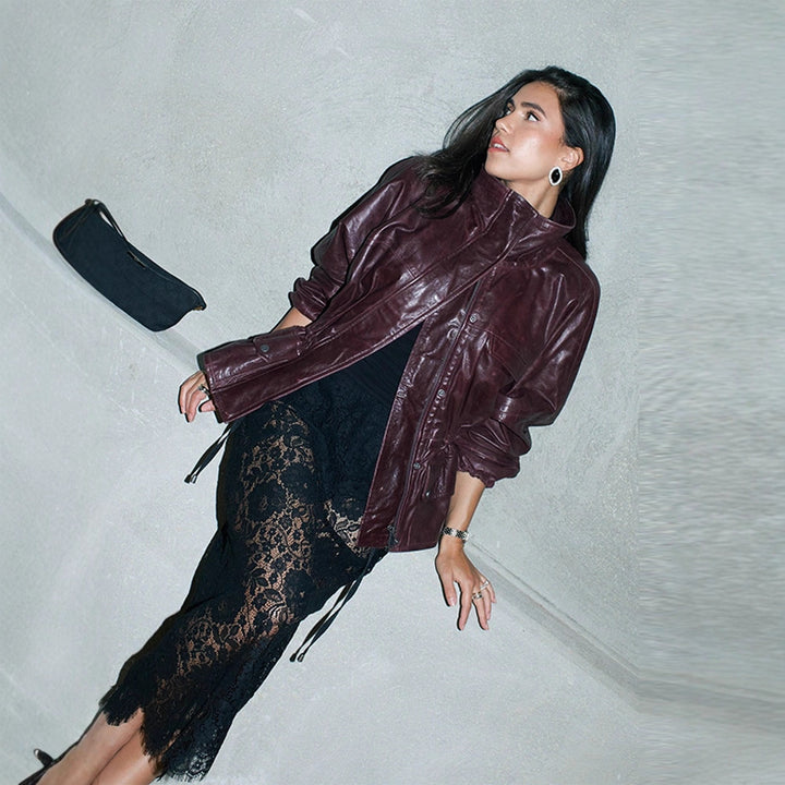 Damen Wasserabweisende Kunstleder-Utility-Jacke mit Stehkragen und aufgesetzten Pattentaschen Drune