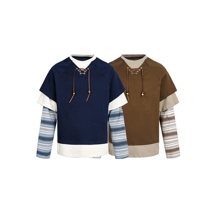 Damen Lagenlook-Sweatshirt mit Schnürung, gestreiften Ärmel-Einsätzen und asymmetrischem Saum Drune
